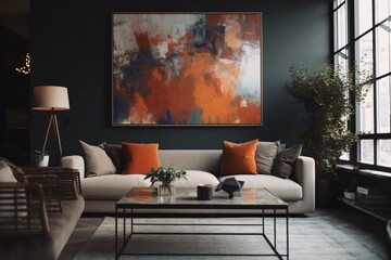 Modern living room with large abstract painting on the wall, Generative AI