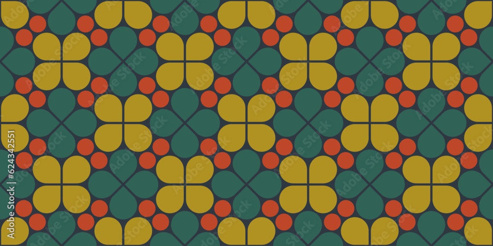 Aufkleber Abstract geometric seamless pattern, vector elegant color rhythmic repeating texture with floral ornament, green petals and red berries