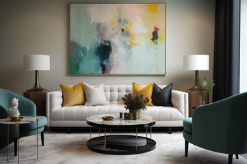 Modern living room with large abstract painting on the wall, Generative AI