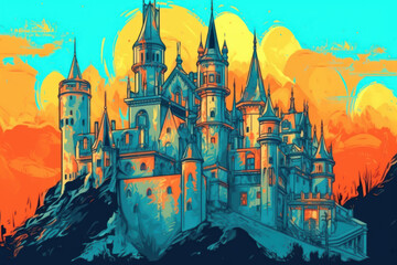 Castle with sunrise on background. Children's book illustration style.