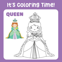 Fototapeta na wymiar It's coloring time a fairy tale medieval kingdom black and white a queen in green dress holding a fan hand. Vector outline fantasy monarch kingdom. Medieval fairytale queen in green dress cartoon.