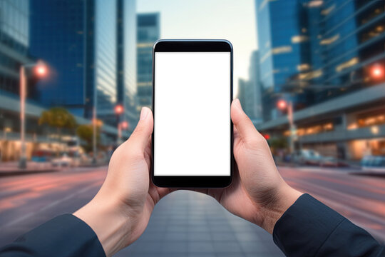 Businessman holdin smartphone with blank screen with business district in background. Copy space, add image or text. Generative Ai