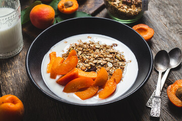 Granola with yogurt and apricots in a bowl