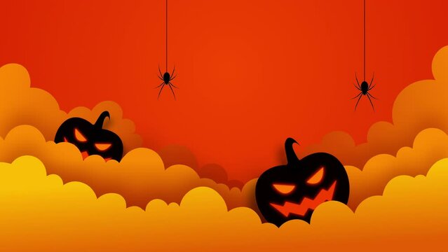 Halloween pumpkin and clouds with hanging spiders