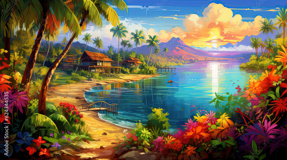 Canvas Prints painting style illustration of beautiful peaceful tropical ocean lagoon banner background wallpaper,