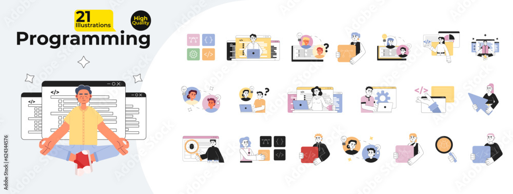 Wall mural people programming codes monochrome concept vector spot illustrations bundle. freelancers wit device