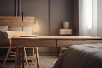 the wooden desk interior with blur. Bedroom. mockup. Generative AI