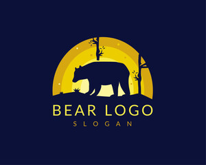 Silhouette bear Logo with sunset  vector illustration design for company