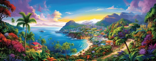 Keuken foto achterwand Fantasie landschap painting style illustration of beautiful peaceful tropical ocean lagoon banner background wallpaper, Generative Ai