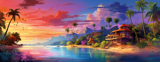 painting style illustration of beautiful peaceful tropical ocean lagoon banner background wallpaper, Generative Ai
