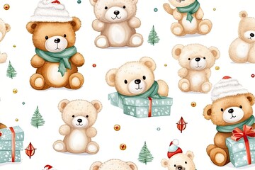 Mix Christmas teddy bears on white seamless background, wrapping paper