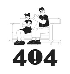 Asian parent scolding child black white error 404 flash message. Father disciplining kid. Monochrome empty state ui design. Page not found popup cartoon image. Vector flat outline illustration concept