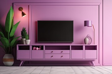 TV cabinet with pink and purple background, isolated. Generative AI