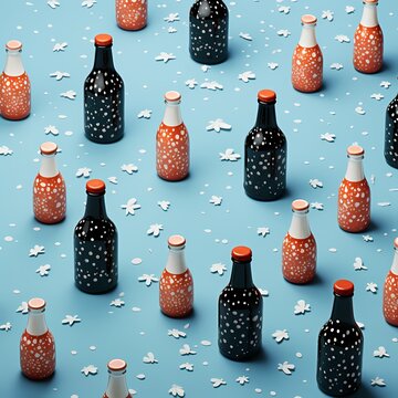 Christmas hats and bottles on a blue background, in the style of layered imagery with subtle irony, animated gifs, minimal retouching, repeating pattern, clifford coffin, editorial illustrations, mosa