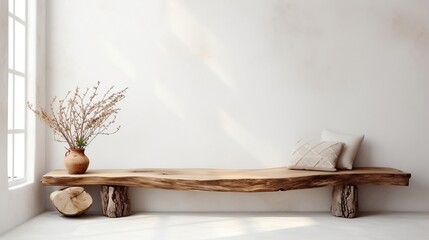 Fototapeta na wymiar Modern living room with rustic wood slab on tree stumps and wooden bench near stucco generative ai
