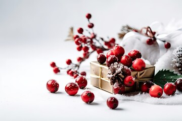 On a white backdrop, a winter composition with decorations, a red berry, and a gift has a dazzling bow. Winter, the New Year, and Christmas. frontal shot, blank space. Generative AI