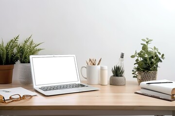 On a white table in a home office, a mock laptop computer, coffee cup, notebook, and potted plant are seen. Generative AI