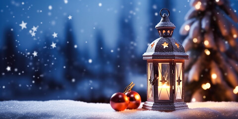 Vintage Christmas lantern on snow as magic night winter holiday background, Merry Christmas and Happy Holidays wishes, generative ai