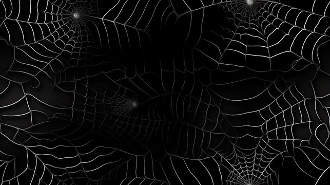 Halloween seamless background as a Spider webs on the black background, in the style of gothic references, dark and spooky themes,