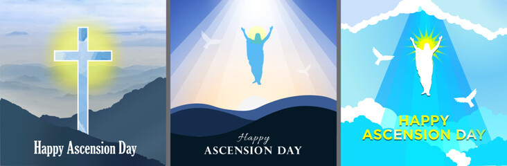 Set of Happy Ascension Day Vector Illustrations. Jesus ascending to heaven. Jesus rising to sky with doves. Watercolor cross in blue mountains with yellow halo. Christian Easter. 40th day of Easter.