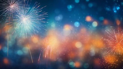 Fototapeta premium Fireworks on the sky bokeh background, Blurry background, template, Bokeh, Copy Space, Generative AI