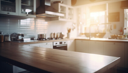 Fototapeta premium Beautiful modern kitchen interior with wide angle full of kitchen utensils and fairing beams in daylight. generative ai 
