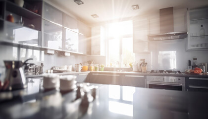 Beautiful modern kitchen interior with wide angle full of kitchen utensils and fairing beams in daylight. generative ai	
