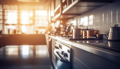 Obraz premium Beautiful modern kitchen interior with wide angle full of kitchen utensils and fairing beams in daylight. generative ai 