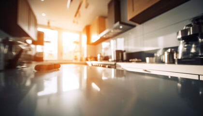 Fototapeta premium Beautiful modern kitchen interior with wide angle full of kitchen utensils and fairing beams in daylight. generative ai 