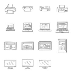Gadgets doodle set, Printer, computer tablet, laptop, and monitor doodle vector 
