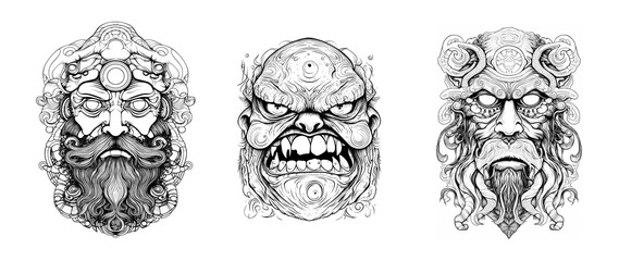 Portrait of the mythical gods. Horror mask for coloring. Mystical and spooky creatures created  with generative AI.