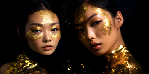 Obraz premium Fashion editorial Concept. Stunning asian chinese beautiful woman girl high fashion striking gold glitter shimmer. illuminated with dynamic composition and dramatic lighting