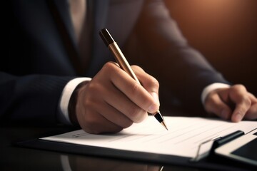 Detail close up of a man's hand with a pen as he signs a contract.