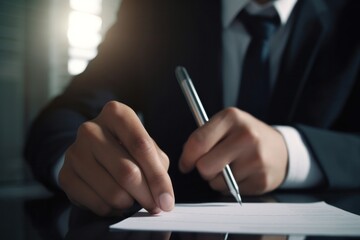 Detail close up of a man's hand with a pen as he signs a contract.