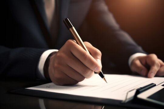Detail close up of a man's hand with a pen as he signs a contract.