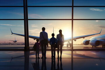 Family Standing With Their Backs To The Airport Window And Unfocused Plane Taking Off In The Distance. Generative AI