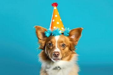 Funny Dog In Clown Hat On Blue Background Celebrating His Birthday. Generative AI - obrazy, fototapety, plakaty