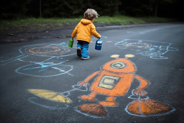 Childrens Drawing On The Asphalt With The Robot Or Spaceship. Generative AI