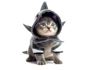 Kitten In Shark Costume On White Background. Generative AI