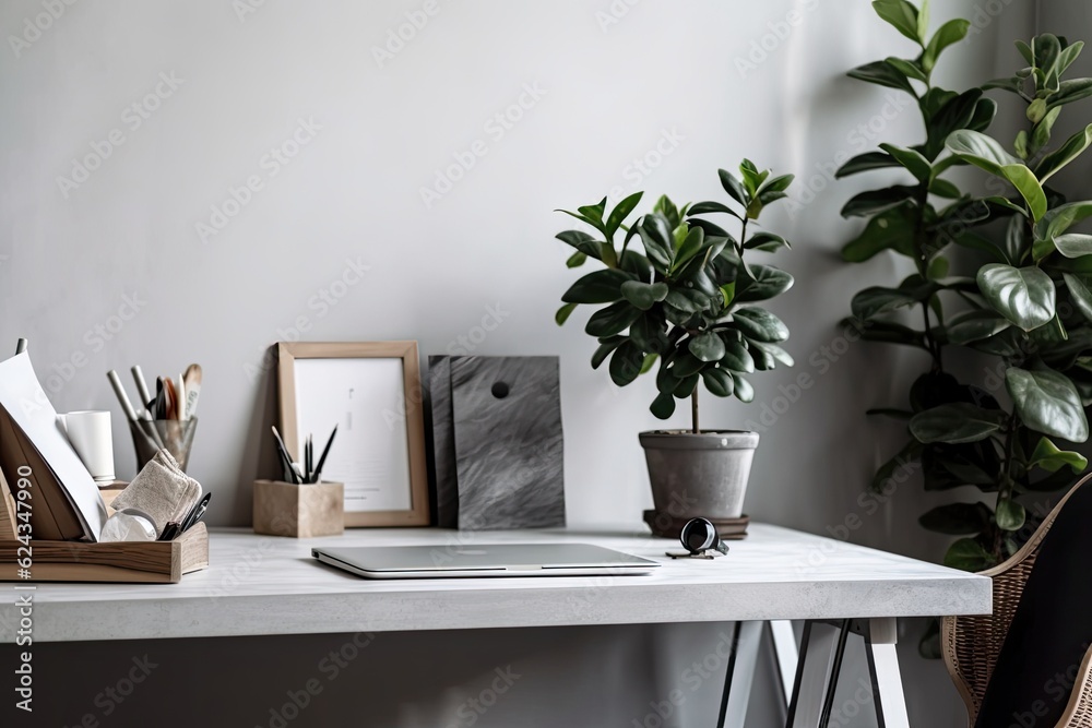 Wall mural Modern work desk in home office studio with green plant in gray pot. Blogger or independent designer desktop. Background on the wall, with space for your words. Generative AI