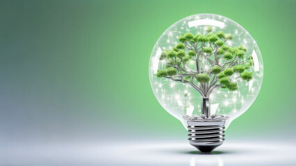 Light bulb full of green leaves and tree on green background with copy space