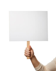 a hand holding up a blank sign on a white background - 624347998