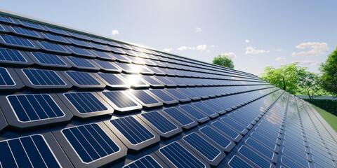 3d rendering of solar or photovoltaic shingles in perspective on roof of home or house building. System technology to generate electrical power or direct current electricity by light or sunlight. © DifferR