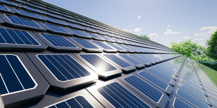 3d rendering of solar or photovoltaic shingles in perspective on roof of home or house building. System technology to generate electrical power or direct current electricity by light or sunlight.