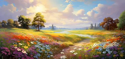 Poster Im Rahmen painting style illustration, wildflower field in sunny day, Generative Ai © QuietWord