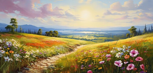 painting style illustration, wildflower field in sunny day, Generative Ai