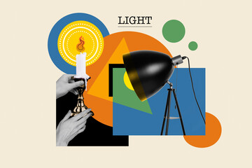 Creative composite abstract illustration sketch photo collage of lamp bulb shines on candle in hands isolated on colorful background