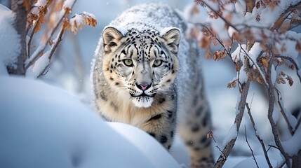 Fototapeta na wymiar A snow leopard hunting in the snow. Generative AI