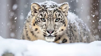 Cercles muraux Léopard A snow leopard hunting in the snow. Generative AI