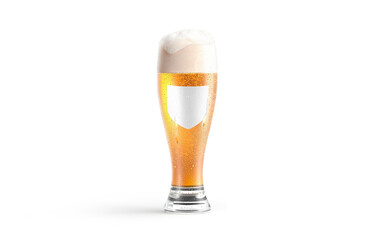 Blank transparent beer glass with white shield label mockup, isolated